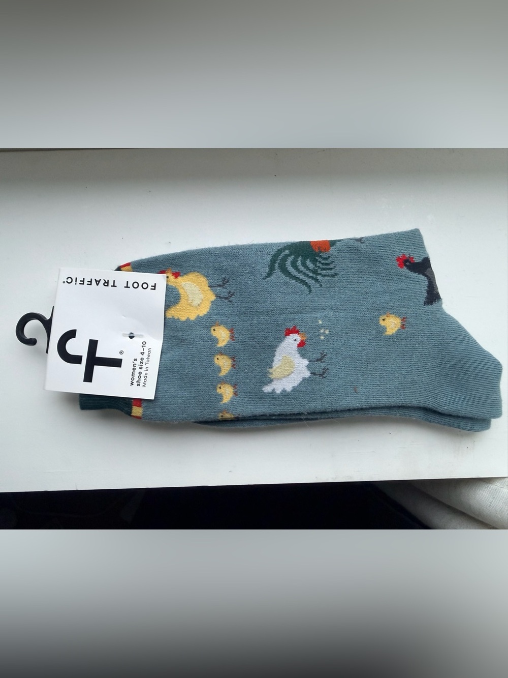 Foot Traffic Blue Crew Socks with Yellow chicken Accents